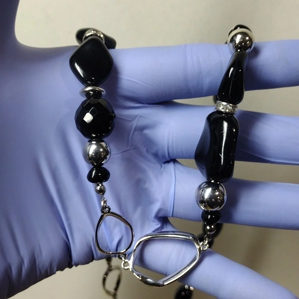 Black & Silver Beaded Long Statement Necklace – Modern Geometric Jewelry